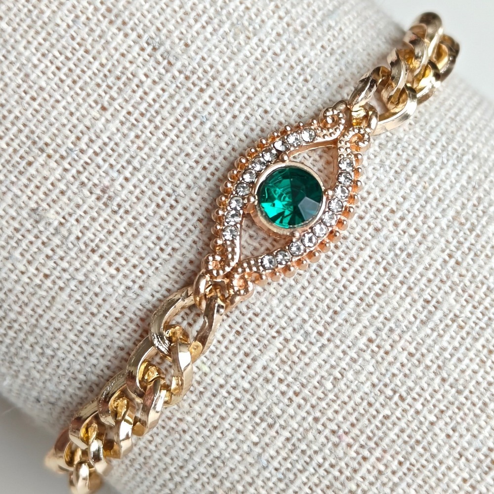 Gold Tone Eye Curb Chain Bracelet Emerald Green Crystal Rhinestone Adjustable